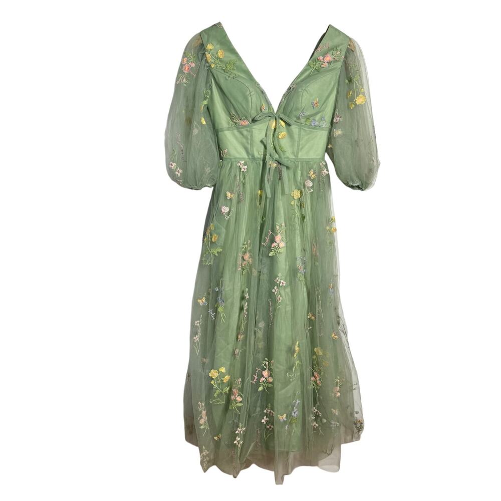 Women's Puff Sleeve Fairy Garden Dress Flower Embroidery Tulle Renaissance Fair